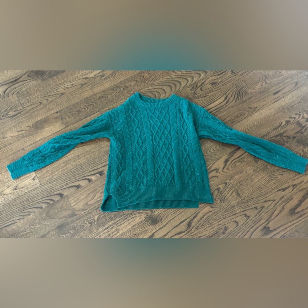 J. Crew Green Cable Knit Crew Neck Sweater
